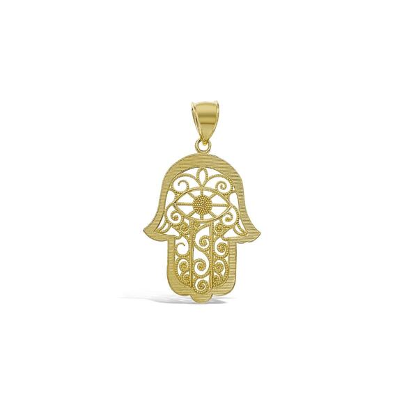 Hamsa Fatima Hand Pendant Real 10k Gold Charm 1.6" - Picture 2 of 2